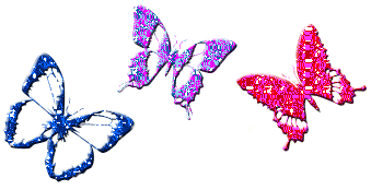 a gif of three sparkling butterflies, colored blue, purple, and pink on the bottom of the page