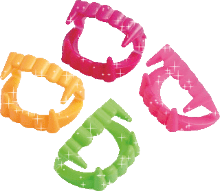 a gif on the top of the page of four sets of sparkling costume vampire teeth, colored red, pink, orange and green